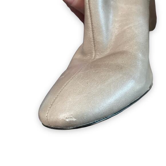 Gianni Bini | SZ 7 Beige Grey Leather Block Heel Mid Calf Heeled Boot Booties - Picture 8 of 10